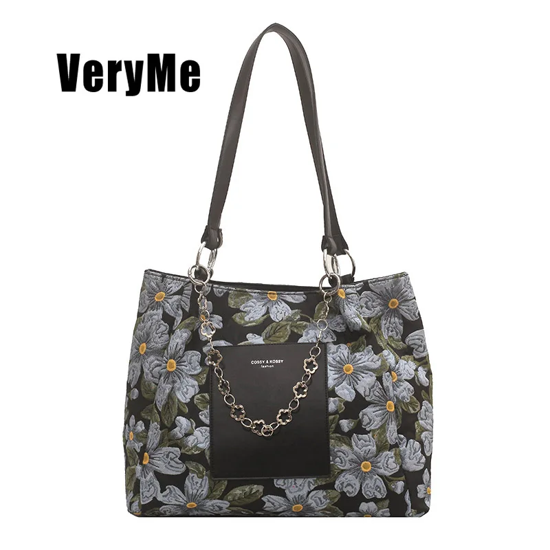 VeryMe Fashion Printing Canvas Travel Shopping Pack Large Capacity Tote Shoulder Bags For Women Casual Chain Handbags Female Bag