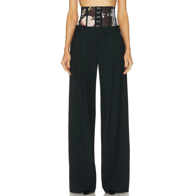 

Women's pants 2023 Autumn New in Korean Fashion Printed Trousers Fish bone waist fitting and patchwork high waist wide leg pants