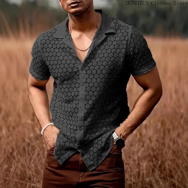 Camicia a maniche corte in pizzo moda uomo primavera/estate Party Club Camicia trasparente scavata sexy Abbigliamento da uomo casual da strada - immagine 2