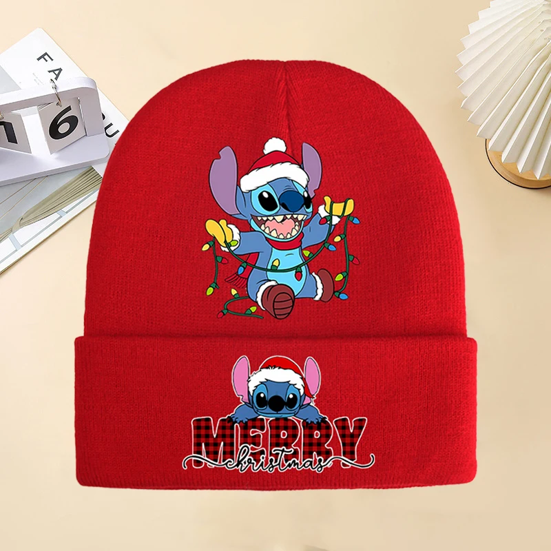 Disney Stitch Kids Knitted Cap Anime Cartoon Christmas Printed Woolen Hat Boys Girls Cute Kawaii Casual Caps Cycling Warm Hats 1