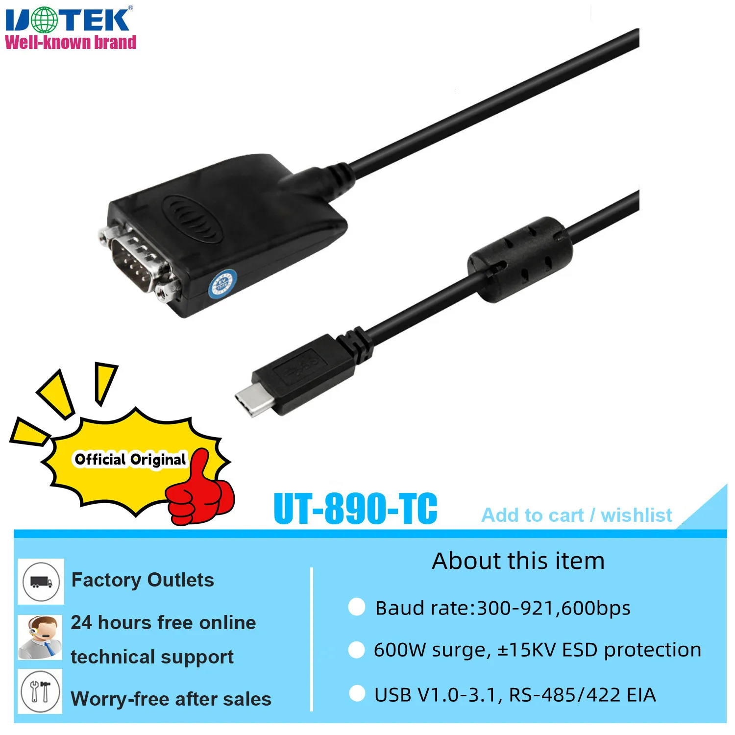 Uotek 4.9ft Usb-c a Rs485 Rs-422 tipo Conversor c Rs485 Rs422 Cabo 1.5m com Ft232 Blocos Terminais do Anel Magnético Ut890-tc