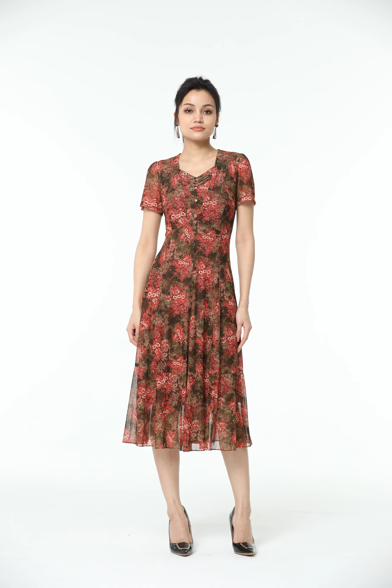 

Luxury Elegant Vintage Smart Heart Neck Short Sleeves Flower Printing Silky-Feeling Red Dress for Women Summer Fall