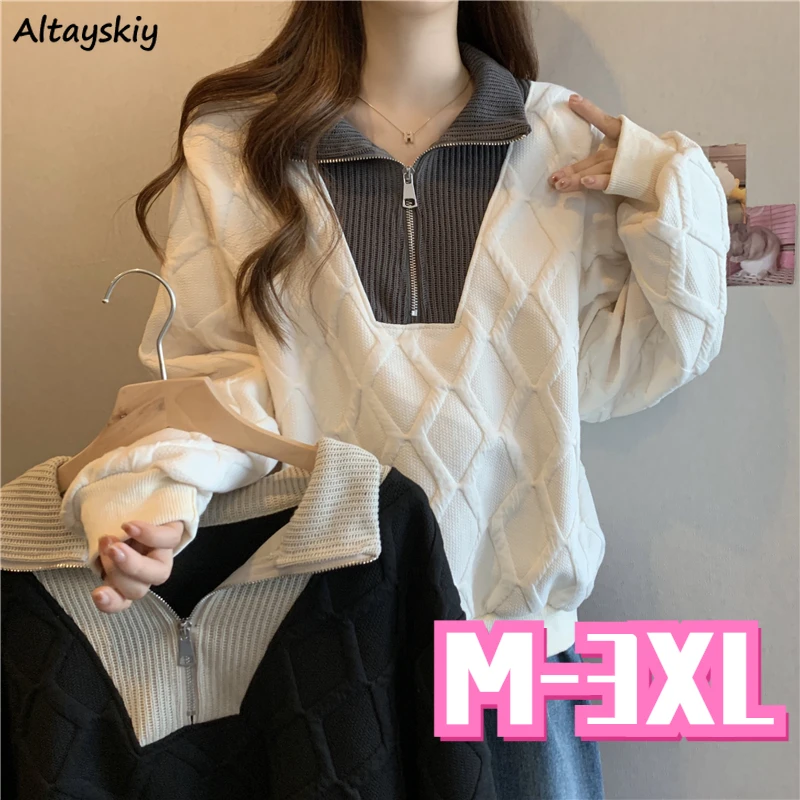 

M-3XL Hoodies Women Loose Panelled Autumn Winter Sweatshirts All-match Chic Ins Minority Preppy Style Simple Female Baggy Tops