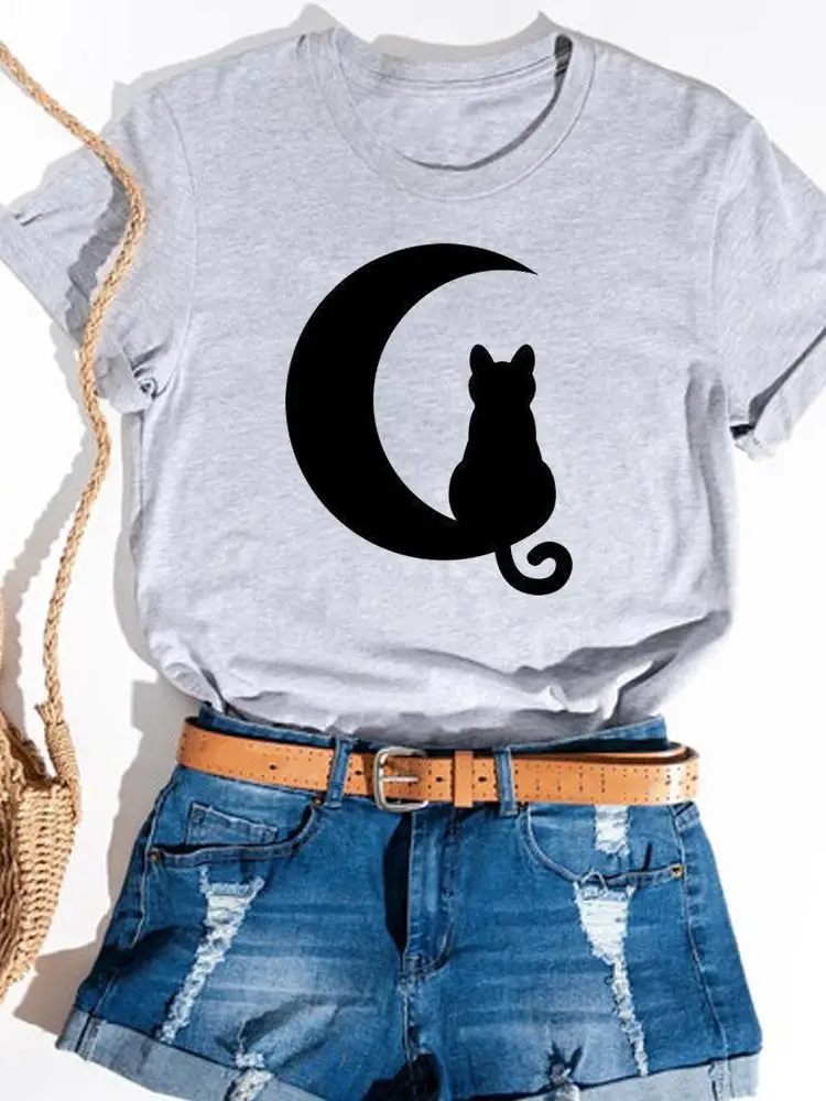 

Print T Shirt Tee Basic Clothing Summer Top Women Cat Moon Trend Geometric Clothes Fashion Short Sleeve Graphic T-shirt