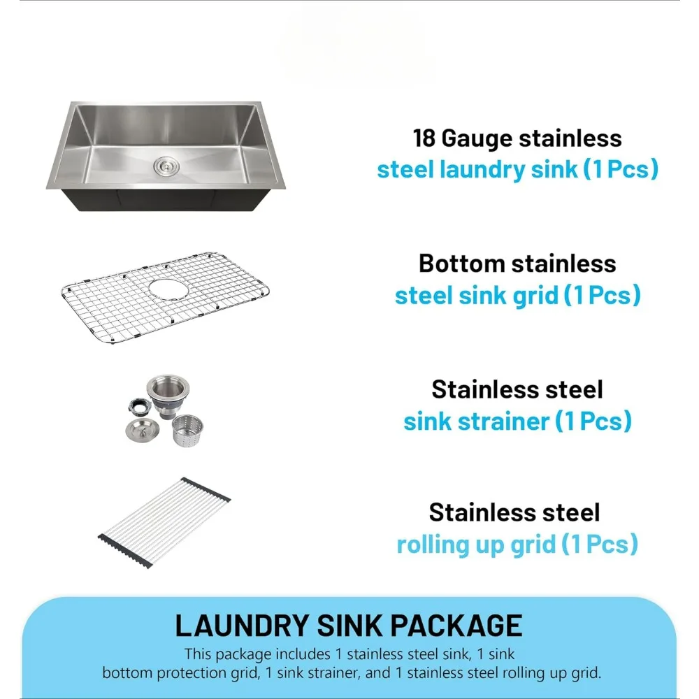 30 Inch Deep Rust and Utility Sink, 18 Gauge Undermount Single Bowl Design with Stainless Steel Sink Strainer, Kitchen Sinks