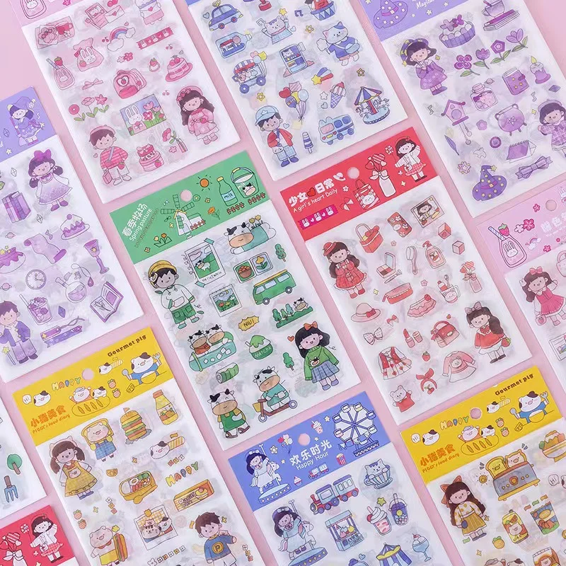 4 Sheets/Set Cartoon Transparent PVC Stickers for Girls Cute Hand Account Scrapbooking Notebook Diary Sticker Material 30 pcs laser reflective transparent stickers pack cool scrapbooking label diary stationery album phone ins journal planner