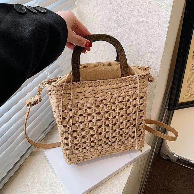 Straw Bags Summer Women Tote Bags Designer Handbags Purse Weave Drawstring Closure Wooden Handle Beach Shoulder Bag