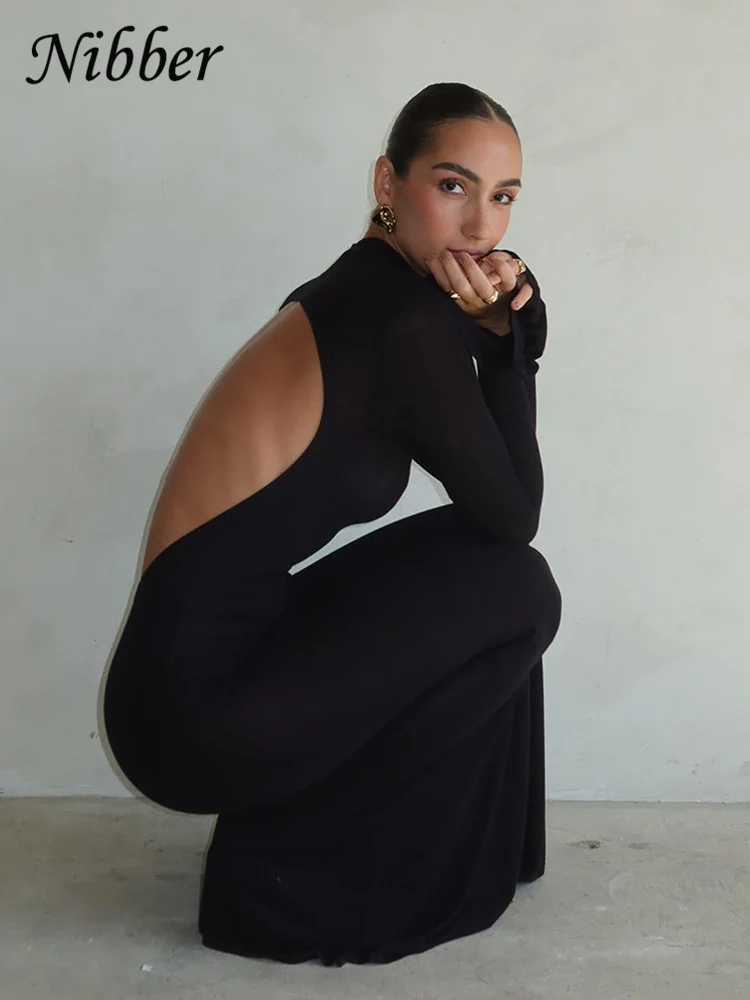 Nibber Classic Solid Backless Maxi Dress Women Elegant O-neck Evening Long Sleeve Dresses Robe Slim Female High Street Bodycon