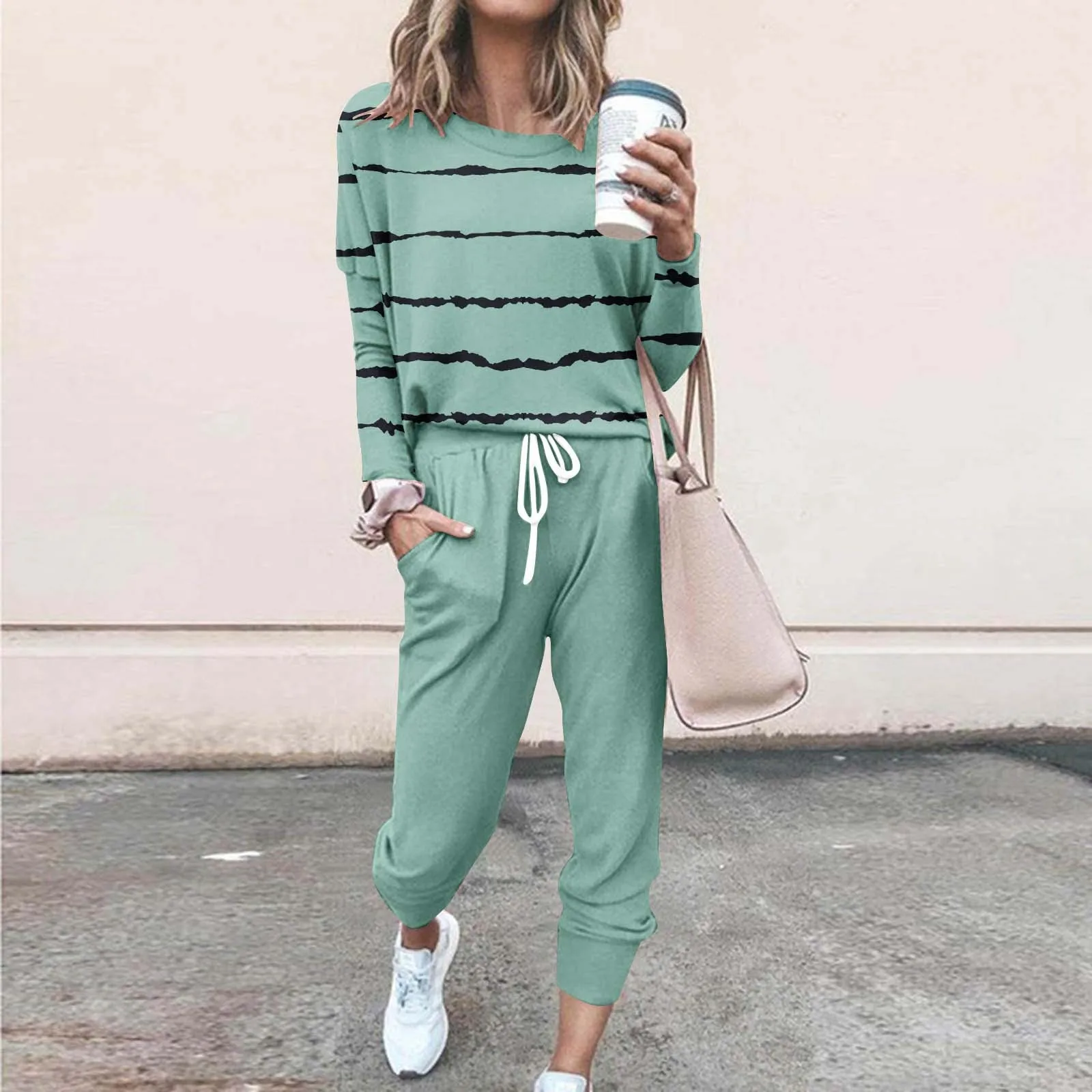 

Women Hoodie Set Autumn Striped O-Neck Full Sleeve Pullovers Drawstring Pockets Sweatpant Hip Hop Loose Sports Jogger Tracksuit