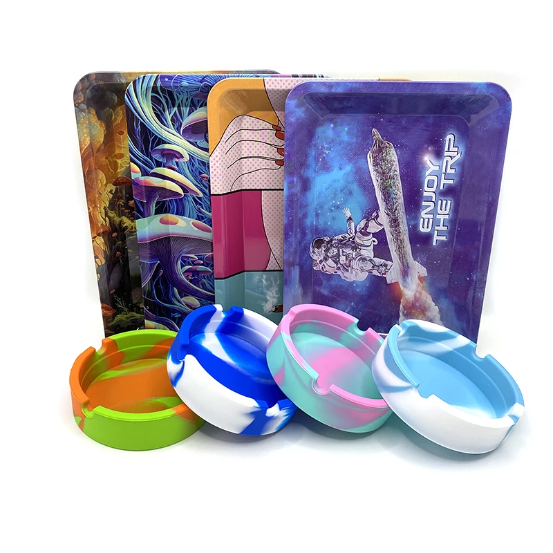 Description Picture 2 of itemSilicone Soft Round Ashtray Ash Tray Cigarette Holder Smoking Accessories Herb Tinplate Plate with Rolling Tray 180X125MM Combo