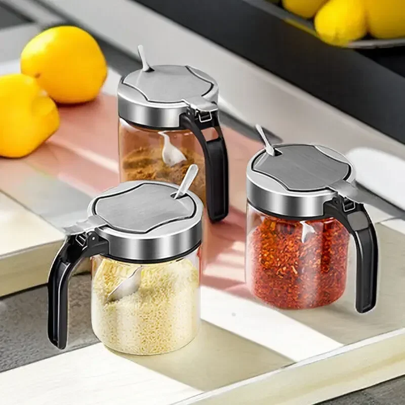 Hot 300ml Spices Glass Seasoning Jar with Spoon Sugar Bowl Salt Dispenser Container Kitchen Accessories Storage Supplies LIJIAO