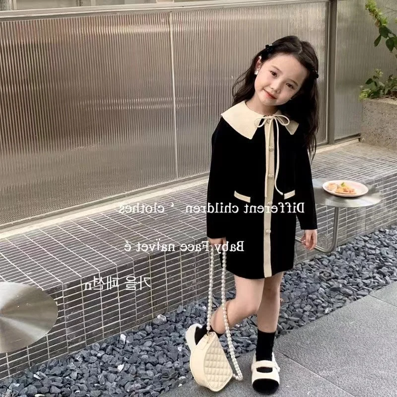 

Girls' Knitted Dress Spring Autumn New Style Small Fragrant Wind Foreign Air Lapel Skirt Children's Temperament Yarn Skirt 2-7Y
