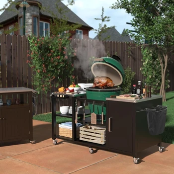 Grill Table for Big Green Egg Style BBQ, Heavy Duty Metal Outdoor Grill Station Prep Table with Storage 2
