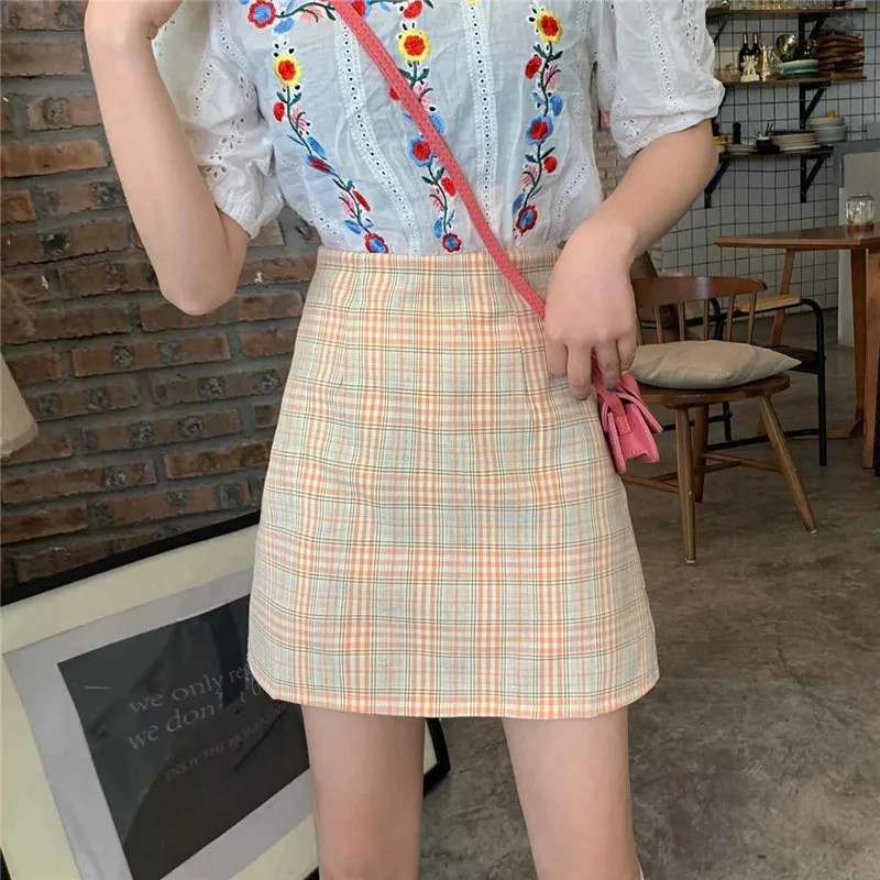 leather skirt 2022 Summer New Sexy Short Skirt Women Retro Bag Hip High-Waisted Skirt Lined Plaid A-Line Skirts School Girls jean skirt