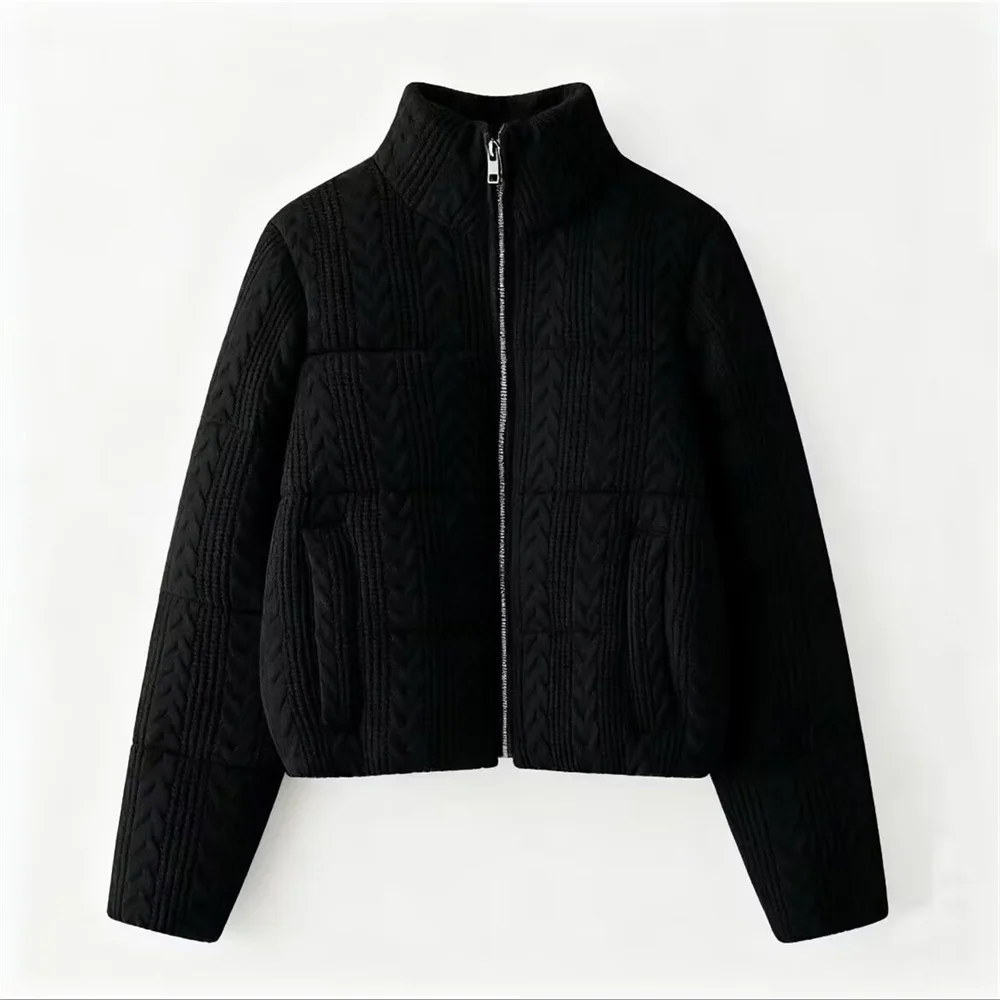 מעיל כותנה חמים מסוגנן עם שרוולים ארוכים וצווארון עומד לנשים בסגנון קז'ואל לחורף