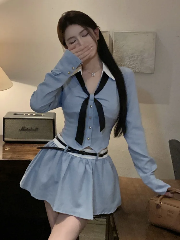 

2024 Spring Fashion Small Fragrance Two Piece Set Women Shirt Crop Top + Pleated Skirts Sets Ladies Korean Sweet 2 Piece Suits