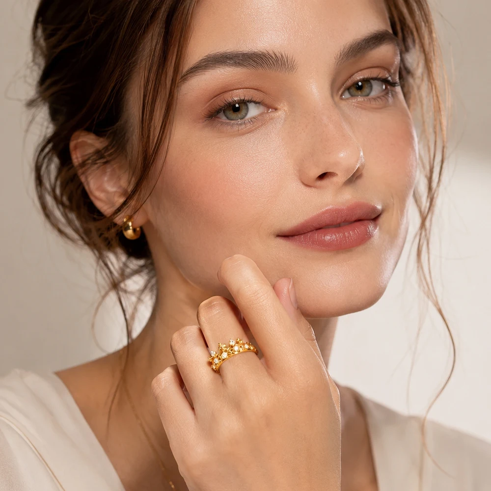 Elegant Gold Crown Ring - European Style Fine Jewelry for Women in Pure 925 Sterling Silver