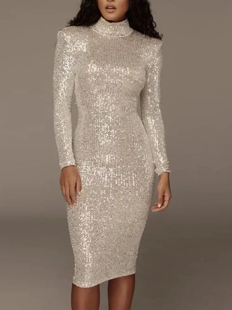 Sequined High Collar Midi Dress Elegant 