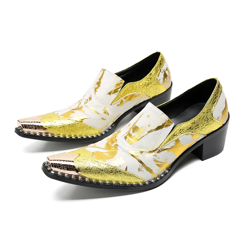 

Designer Men High Heels Oxfords Gold Print Real Leather Slip On Dressing Business Party Shoes Metal Poited Toe Man Wedding Shoe