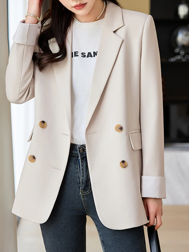 ZJYT Double Breasted Blazer for Women Spring Autumn Jackets Coats Long Sleeve Turn Down Collar Outerwear Office Work Veste Femme
