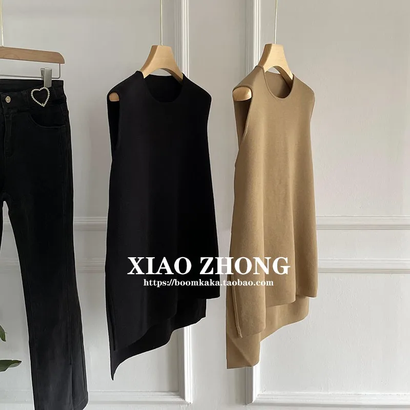 

Side open irregular stylish crew-neck soft knit fashion waistcoat vest woman