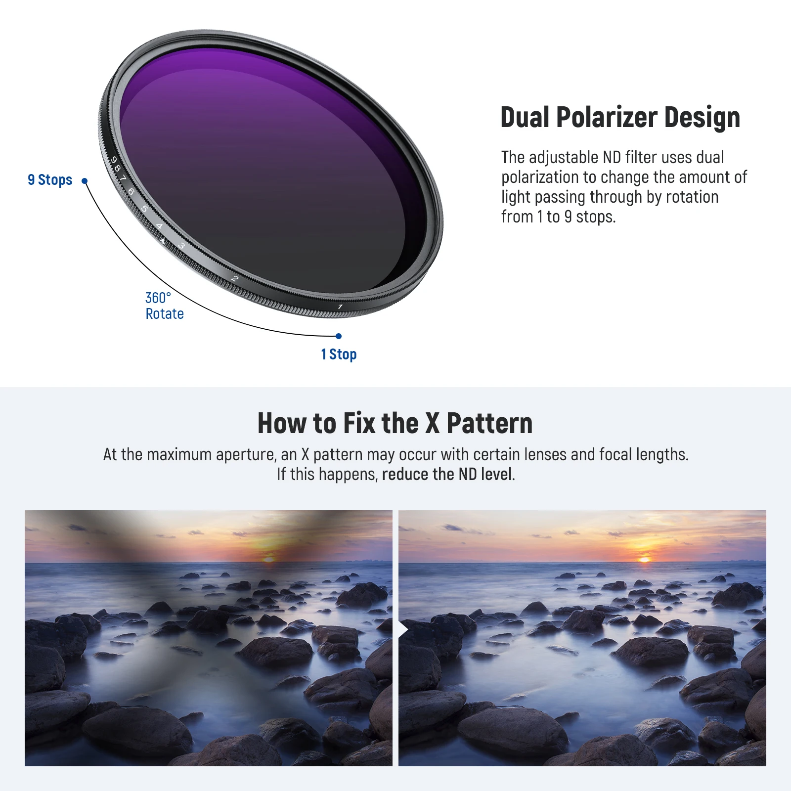 NEEWER 67mm ND2-400 Variable ND Filter with Lens Cap, Lanyard, Cleaning Cloth, Precise Neutral Density Adjustment Optical Glass 6