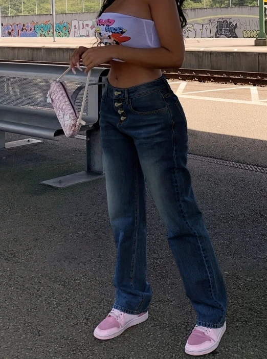 Women's Jeans Summer New Casual Versatile Retro and Simple Denim  Straight Leg Pants Fashion Basic Button Decoration Pants