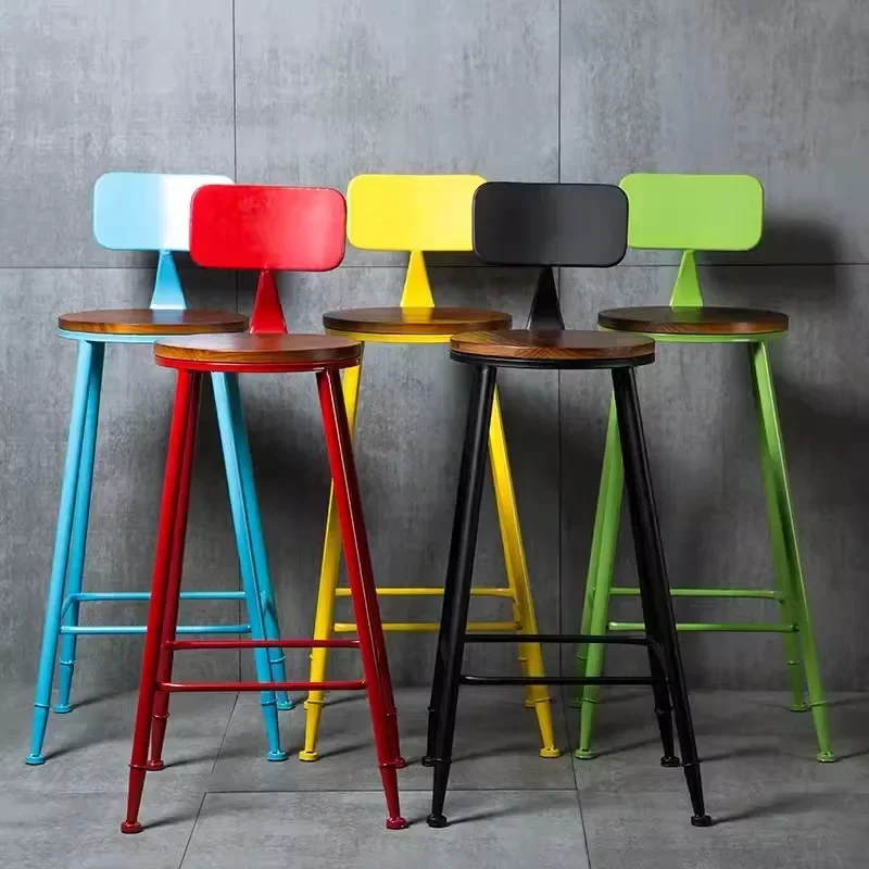 American Style Iron Bar Chair Coffee Shop Milk Tea Shop High Chairs Retro Backrest Seat Solid Wood Sitting Face Counter Stool