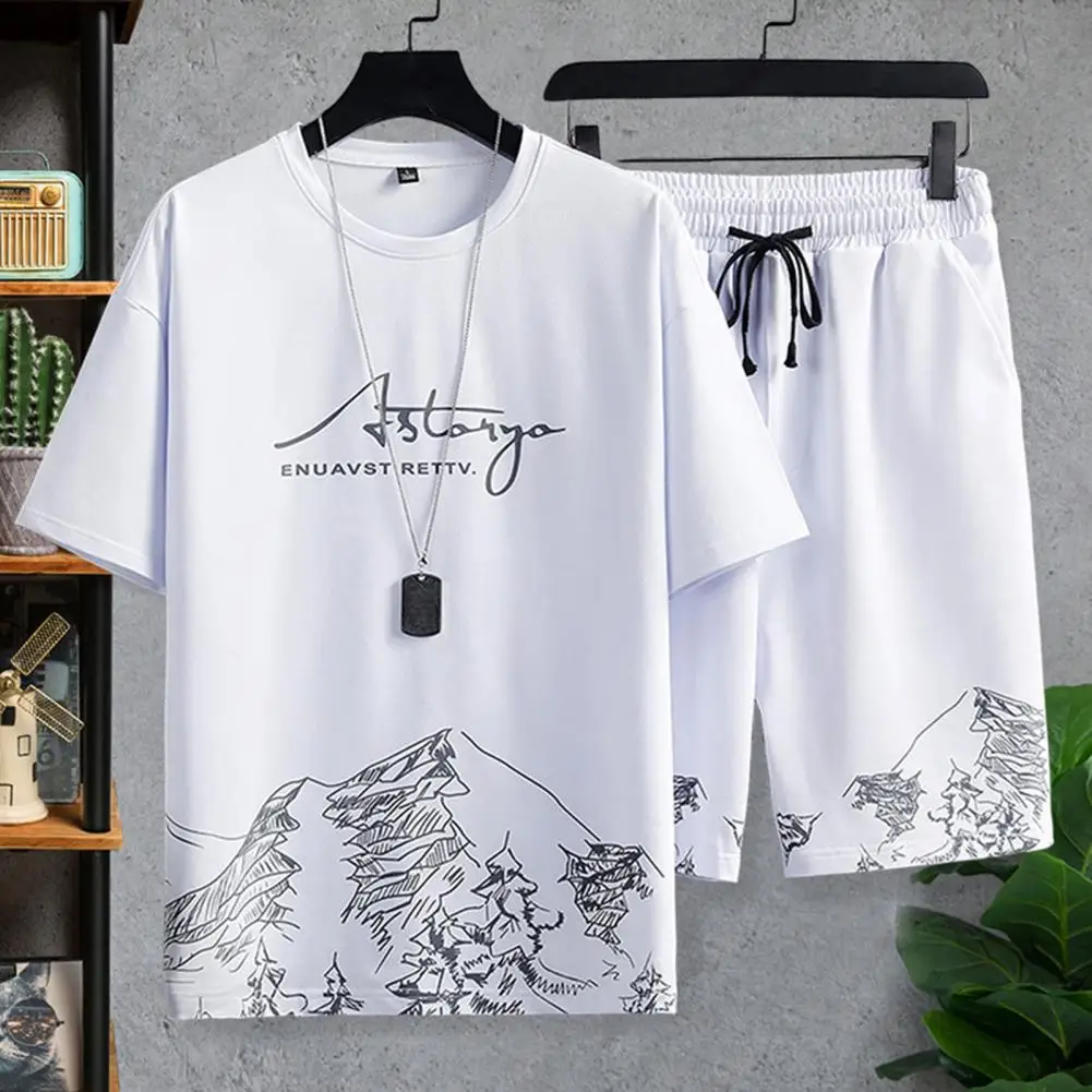 

Simple T-shirt Shorts Set Quick Drying Casual Outfit Short Sleeve Men Loose T-shirt Shorts Fitness Set Moisture Wicking
