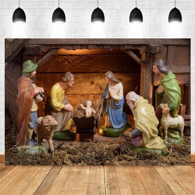thumbnail image 1 of Fondo de escena de la natividad de Navidad con el nacimiento de Jesús, la Santa Cruz y la Biblia, perfecto para estudio fotográfico, decoración de pared, 1 of 5