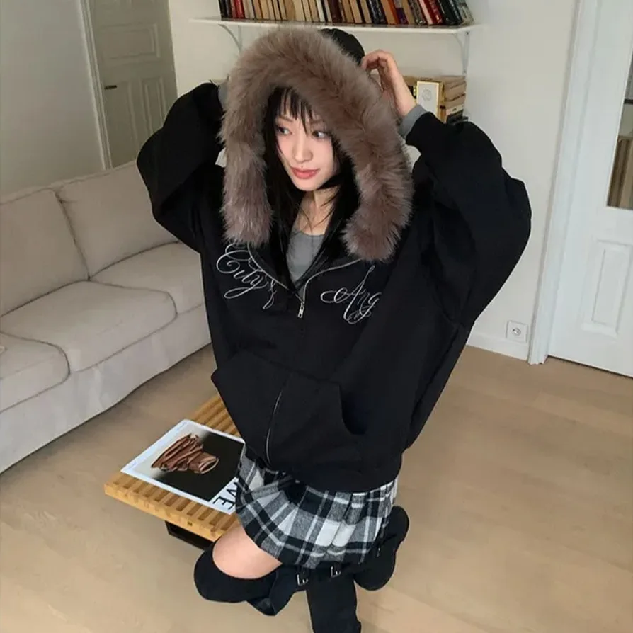Warm Fce Hooded Jaet with Large Fur Collar And Zipper Casual Sports Loose Top Trendy Sweatirt Outerwear Polyester Cott...
