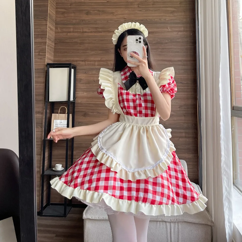 ロリータメイド服 赤と黒のチェック柄 ロリータメイドドレス、黒と赤のチェック柄、大きなサイズ、制服