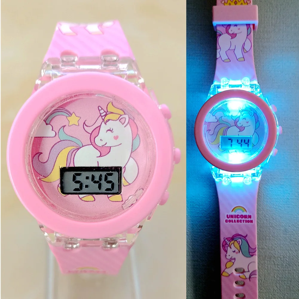 цена Cartoon unicorn Children Watches for kids Collection Digital Electronic Flash Glow Up Light Colourful mickey mouse Girls Clock