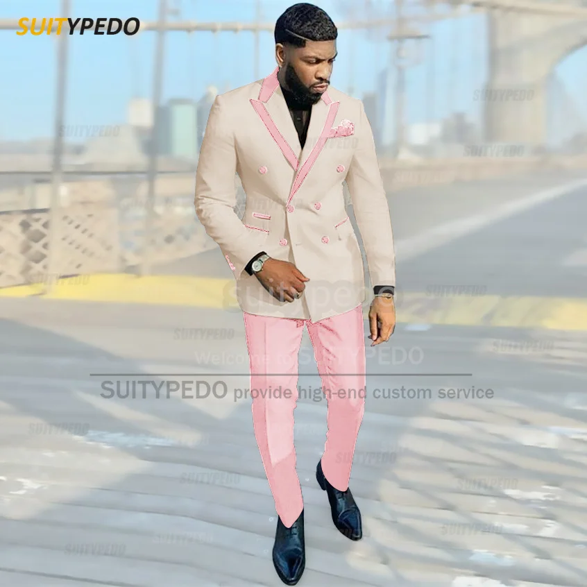 Men Beige Suit Sets 2-piece Set Blazer Pants Tuxedo Formal Business Outfits