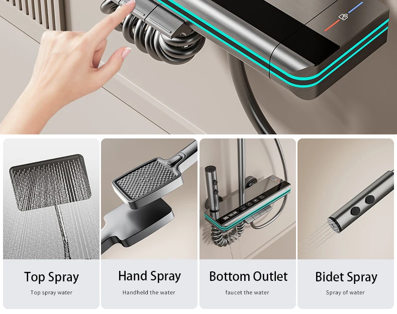 Description Picture 6 of itemLED Digital Atmosphere Shower System Bathroom Hot Cold Mixer Bath Set Bathtub Wall Mount SPA Rain Fall Piano Button Shower Set