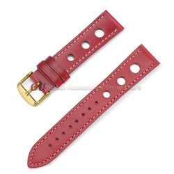 Vintage Leather Breathable Watch Strap - 20mm/22mm Cowhide Sport Bracelet - 22mm (Red - Gold)