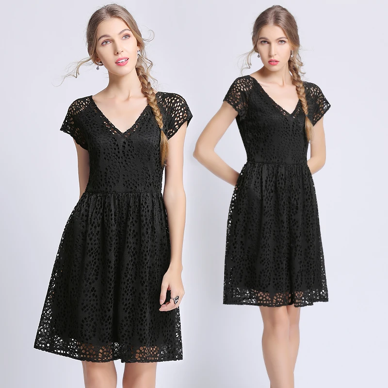 

2023 Autumn New Europe and America High End Lace Hollow Quick Drying Mesh Taiwan Yarn Dress Summer Large Size Women's Clothing