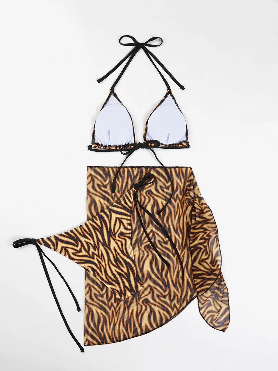 Gothgirl Women Bikini Three-Piece Set Striped Print Swimsuit Sexy Swimwear With Skirt Bathing Suit Beachwear Summer 2024 Trends