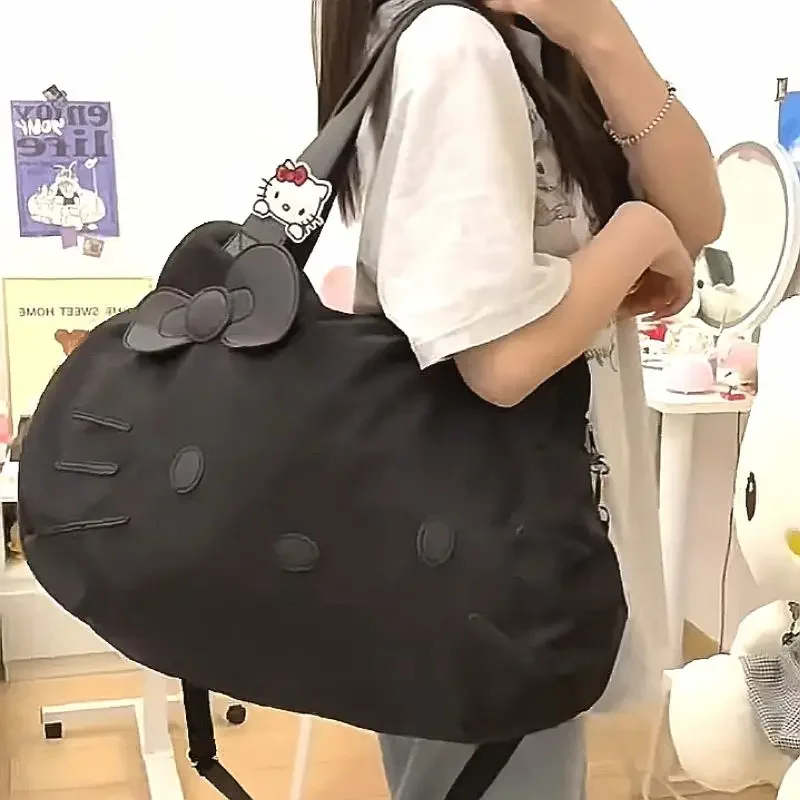 블랙 헬로 키티 원 숄더 크로스바디 백, 대용량 토트백, 핸드헬드 학생 여성 단거리 여행 가방