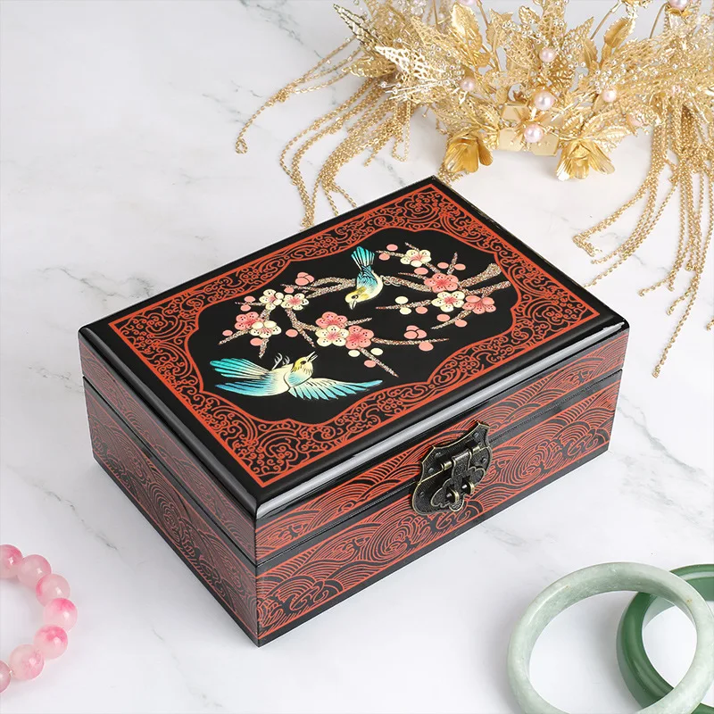 Chinese Wooden Jewelry Box Antique Pattern Push Light Lacquer Makeup Box Vintage Jewelry Display Storage Case Wedding Gifts