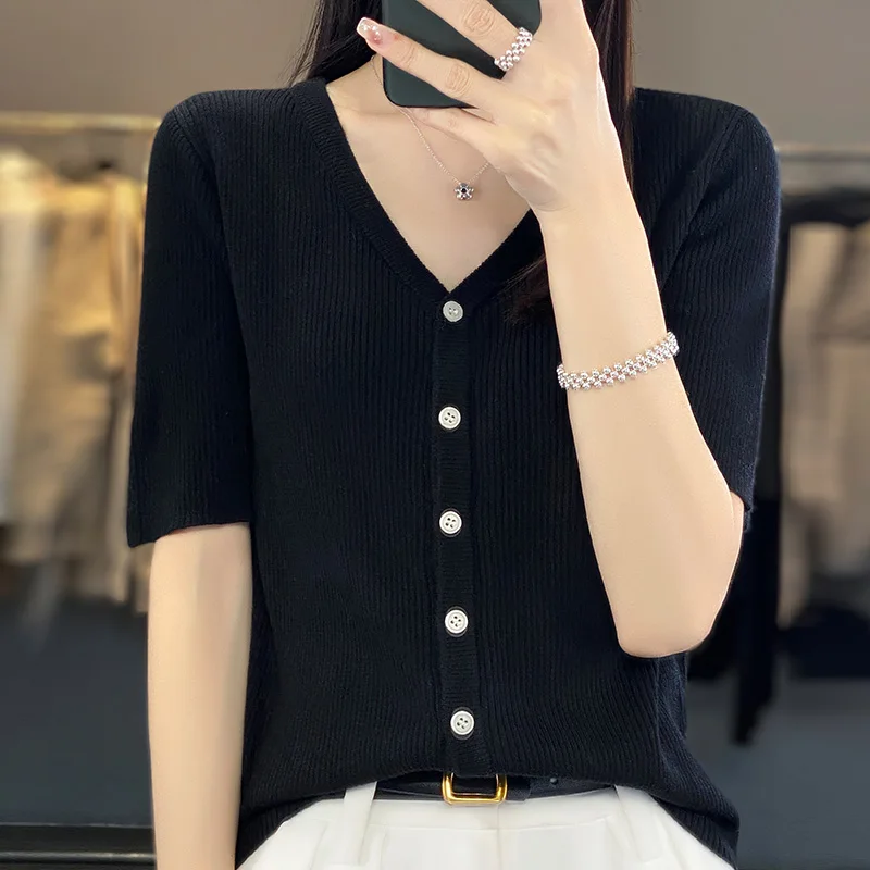 

V-Neck Thin Worsted Wool Knit Cardigan Short Sleeve Female Short Loose Temperament Joker Solid Color Bottoming Shirt T-Shirt