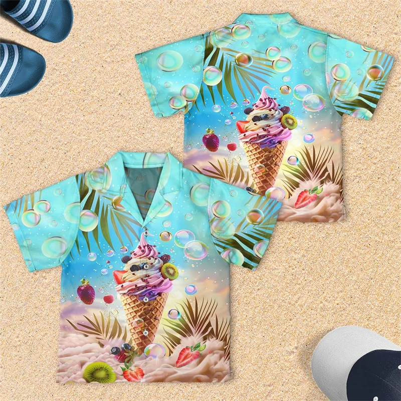 Abstract Icecream 3D Printed Lapel Blouse Hawaiian Chocolate Cone Ice Cream Boy Blouses Popsicle Aloha Short Sleeve Beach Shirts 3