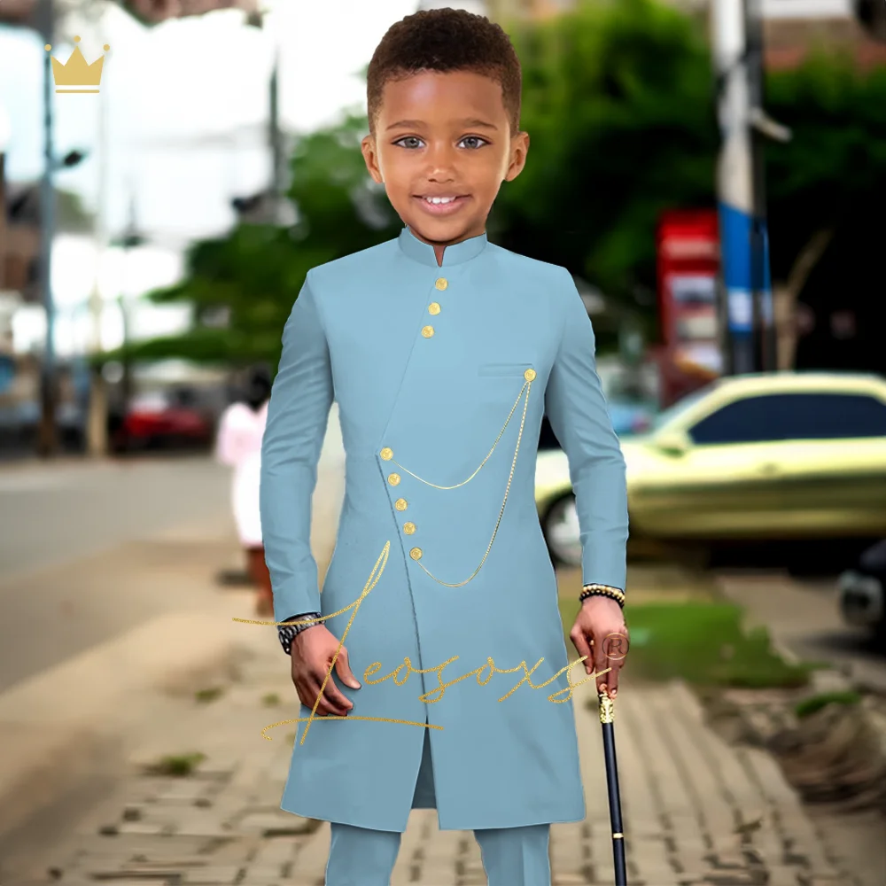 Boys African Style Casual Long Coat + Pants 2-piece Set Children's Dress Tuxedo Festival Queueing Event Set Boys Formal Suit Set
