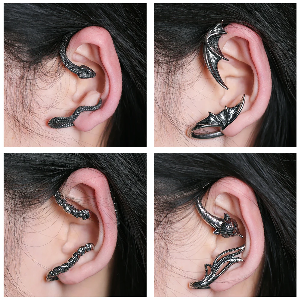 AOEDEJ 1Piece/Pair Punk Ear Cuff Stainless Steel Earrings Clip On Jewelry Men Vintage Skull Snake Helix Fake Piercings Earring 2