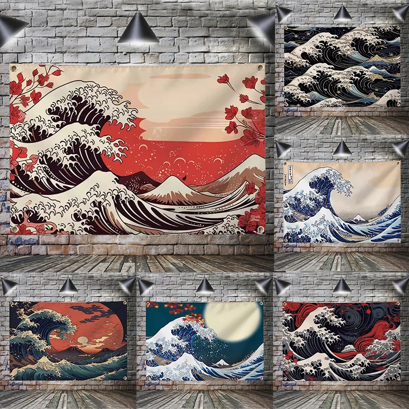Японские волны и океан, восход солнца, художественный плакат, баннер из полиэстера, 90*150 см, для бара и ресторана, настенный декоративный, 4 люверса на заказ