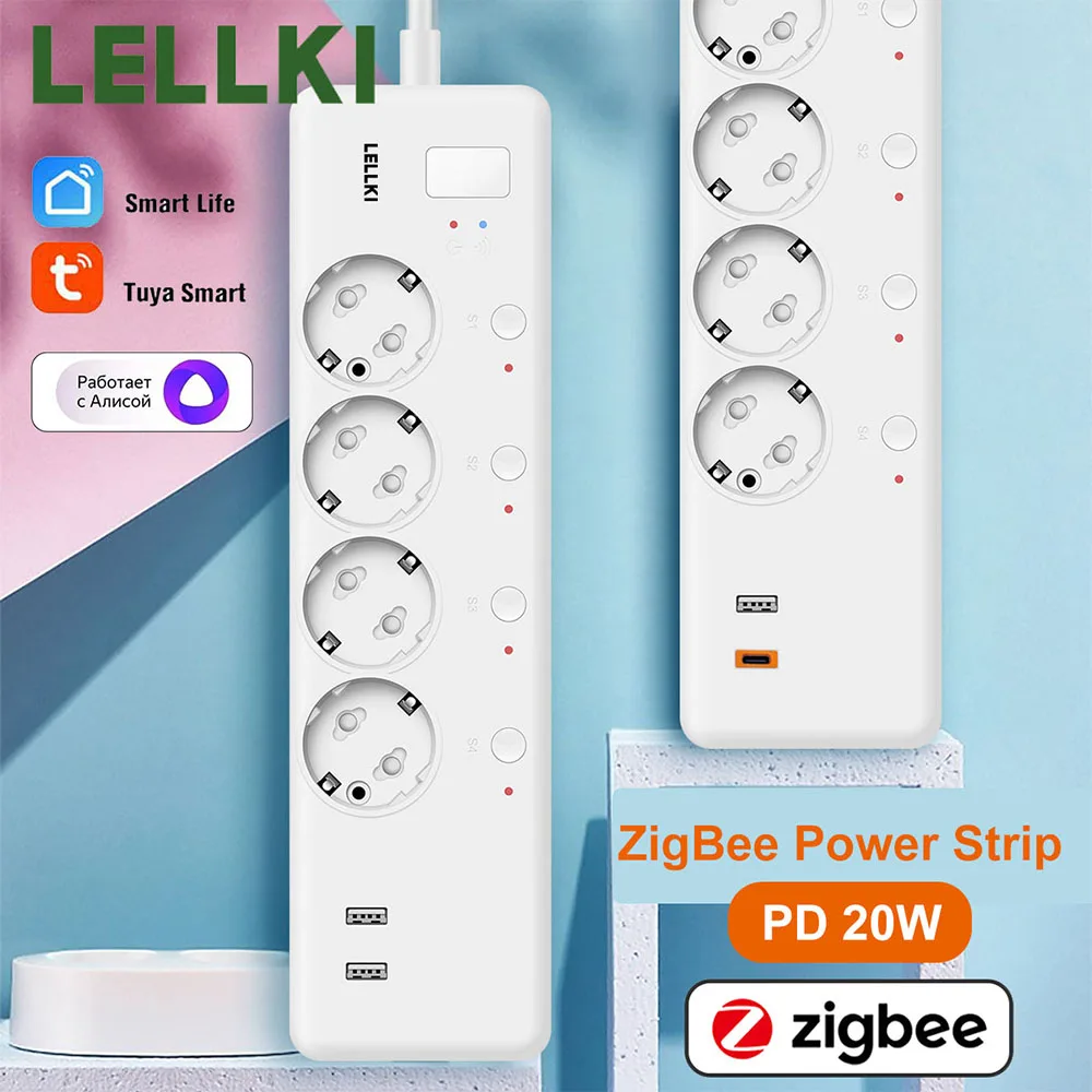 ปลั๊กไฟอัจฉริยะ LELLKI ZigBee EU รองรับ PD20W Type-C หลายช่องเสียบ 220V 16A รองรับ Tuya Smart Timer Alexa Yandex Alice สายยาว 1.8 เมตร 1
