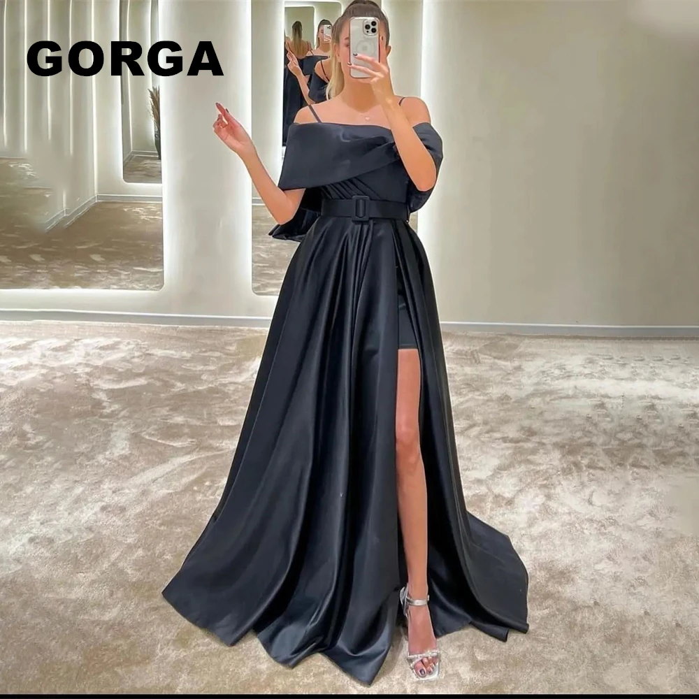 

GORGA Side Slit Evening dresses Sweep Train Belt 2023 Prom Dresses Ruffle Spaghetti Straps Formal Occasion Dresses