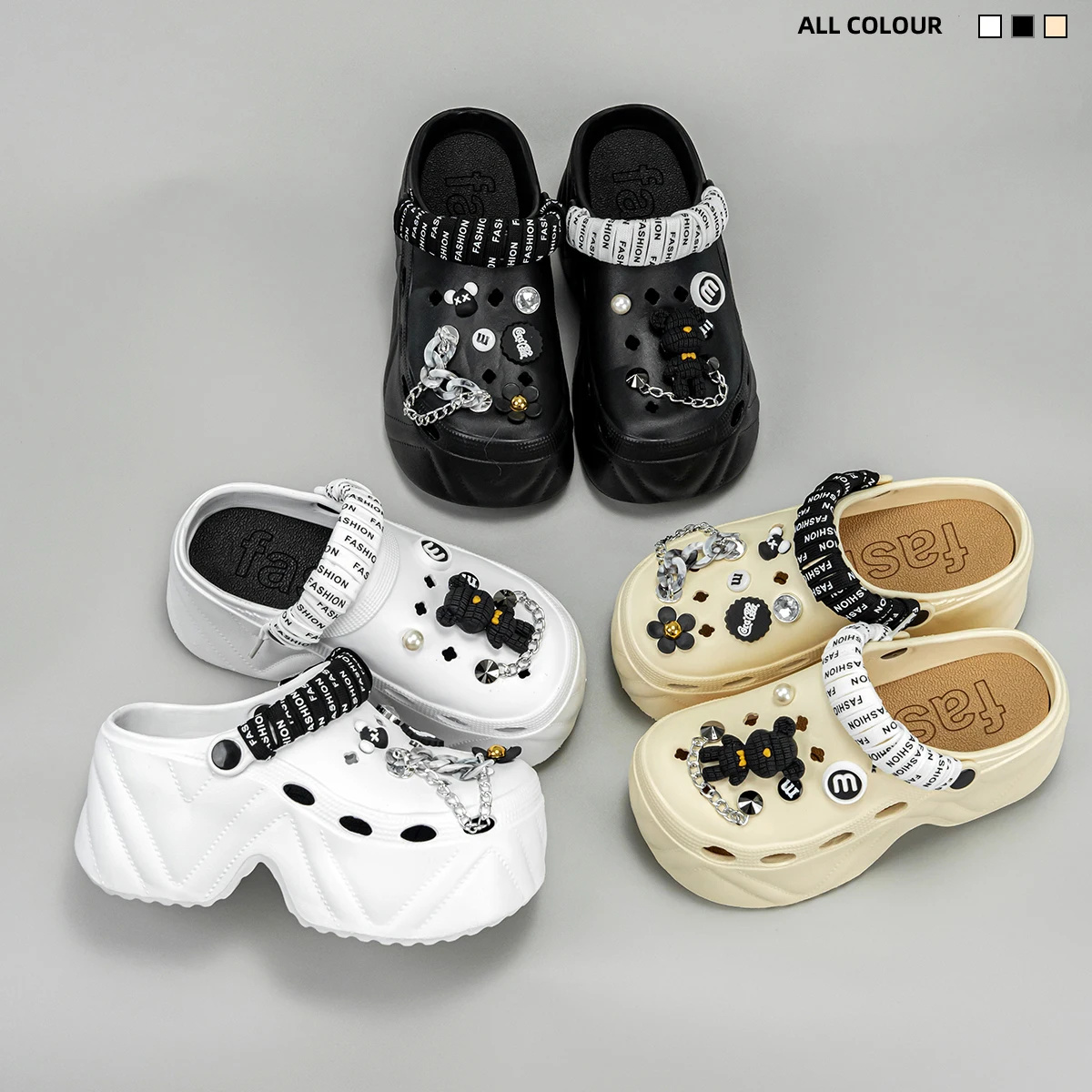 New Fashionable Black and White Strappy Bear High Heeled Imitation Leather Pattern Clogs X8809 - Image 6