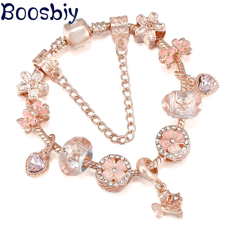 

Rose Gold Flower & Pink Heart Bead With Cute Love Angel Pendant Snake Chain Charm Bracelet For Women Fashion Jewelry Gift Making