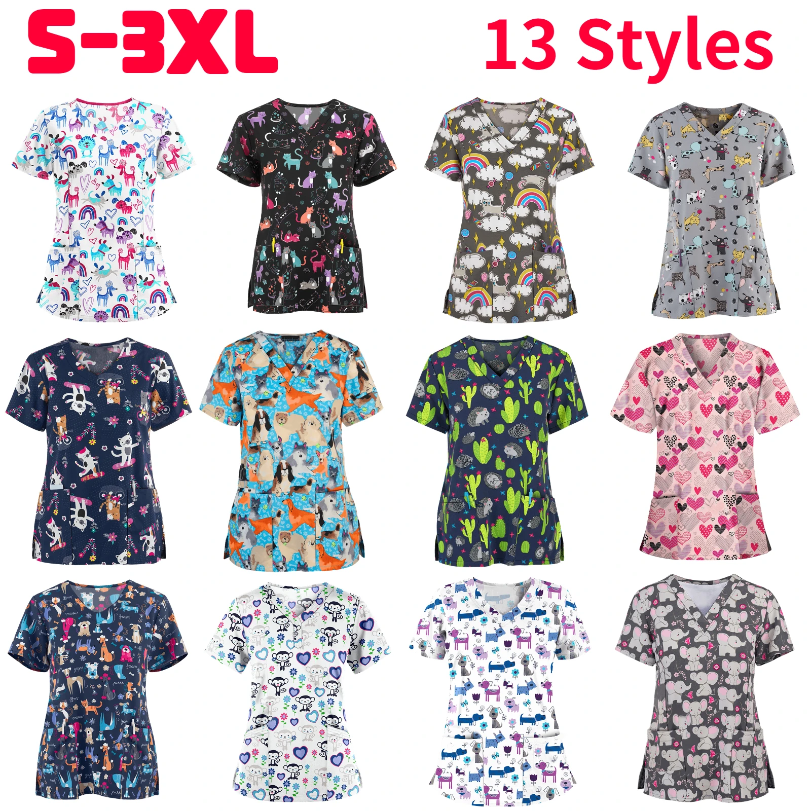 Pet Club Work Uniforms Women Pet Dogs Printing Scrubs Tops Veterinaria